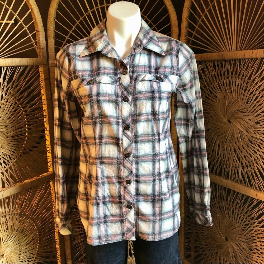 3/$20 CABI 233 Festival Plaid Floral Button Down Long Sleeve Top Womens Small